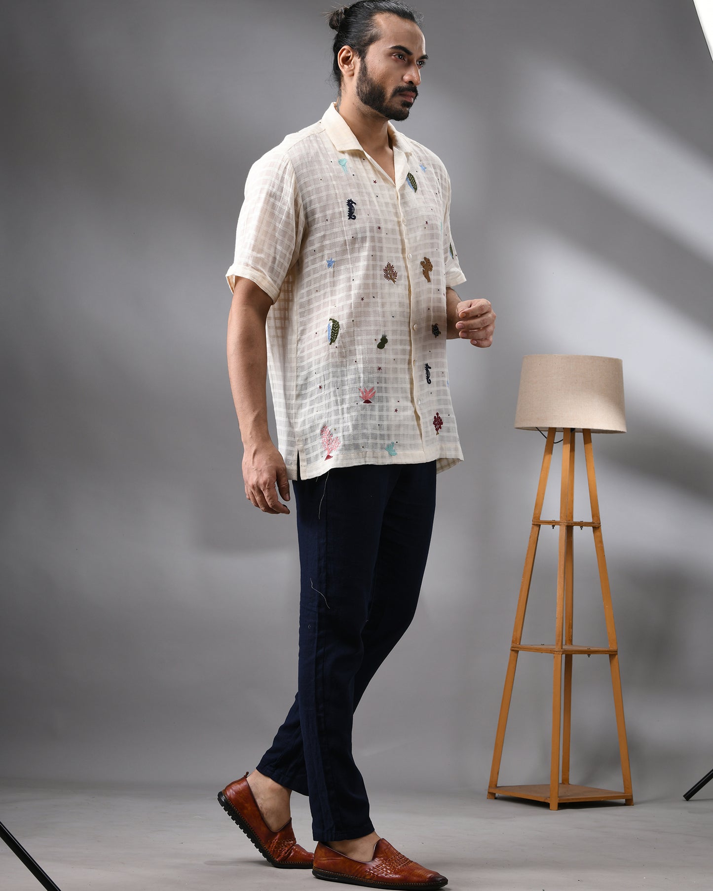 Ocean - Emboss Kora Thread Embroidery Half Sleeve Cuban Collar Shirt 100% Cotton for Men (Unisex)
