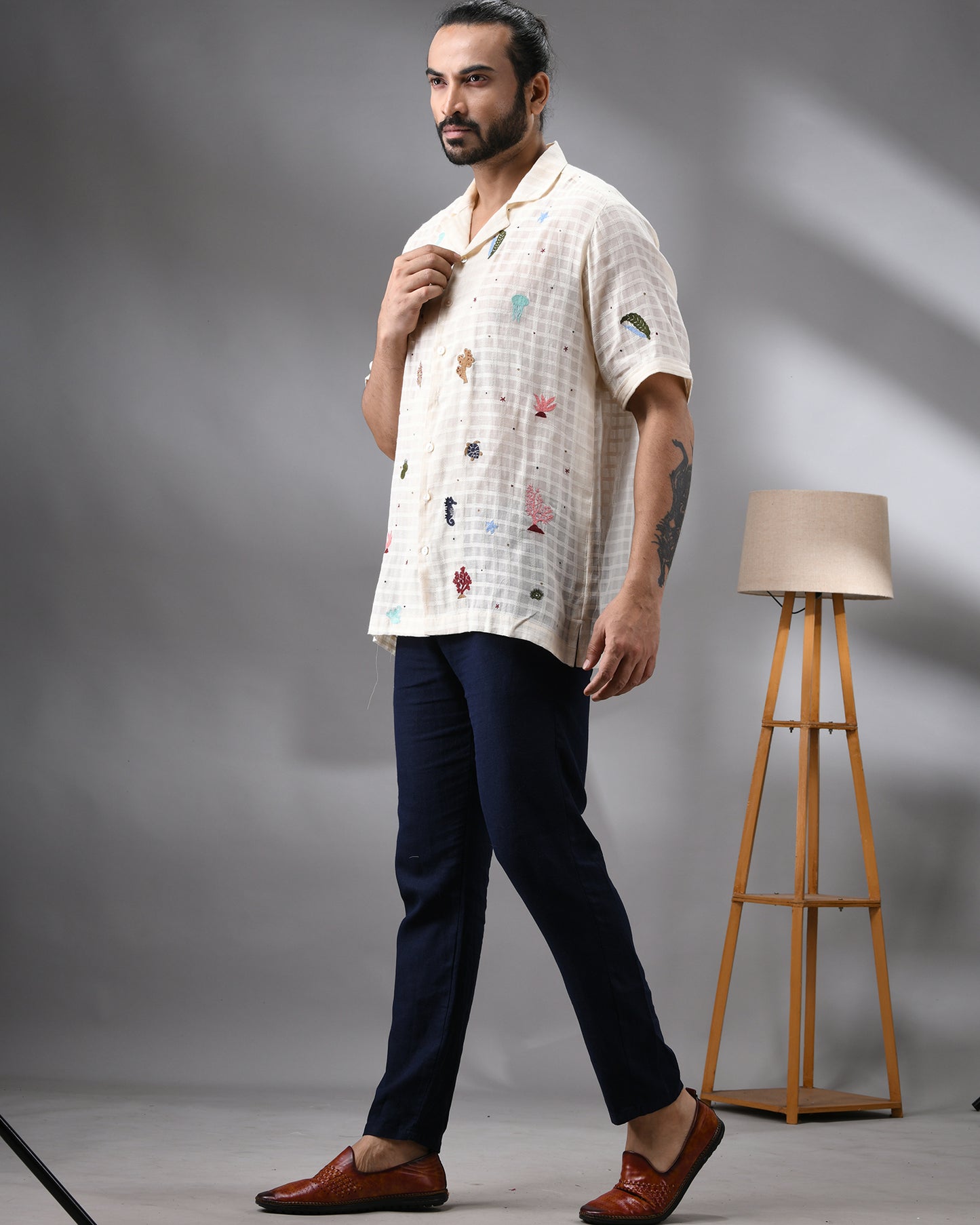 Ocean - Emboss Kora Thread Embroidery Half Sleeve Cuban Collar Shirt 100% Cotton for Men (Unisex)