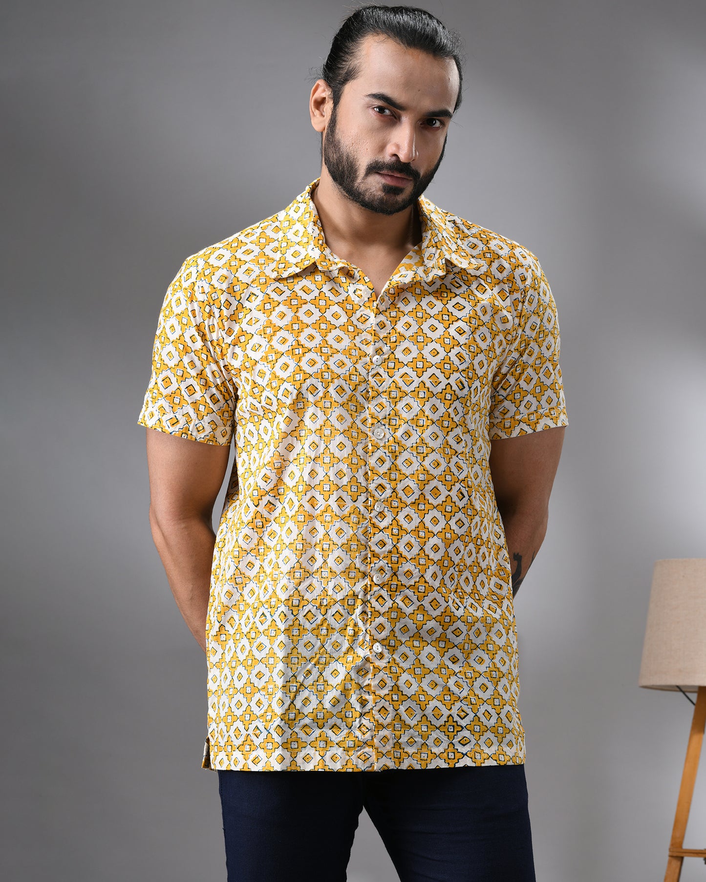 Moroccan Mosaic - Hand Block Print Half Sleeve Regular Collar Shirt 100% Cotton for Men (Unisex)