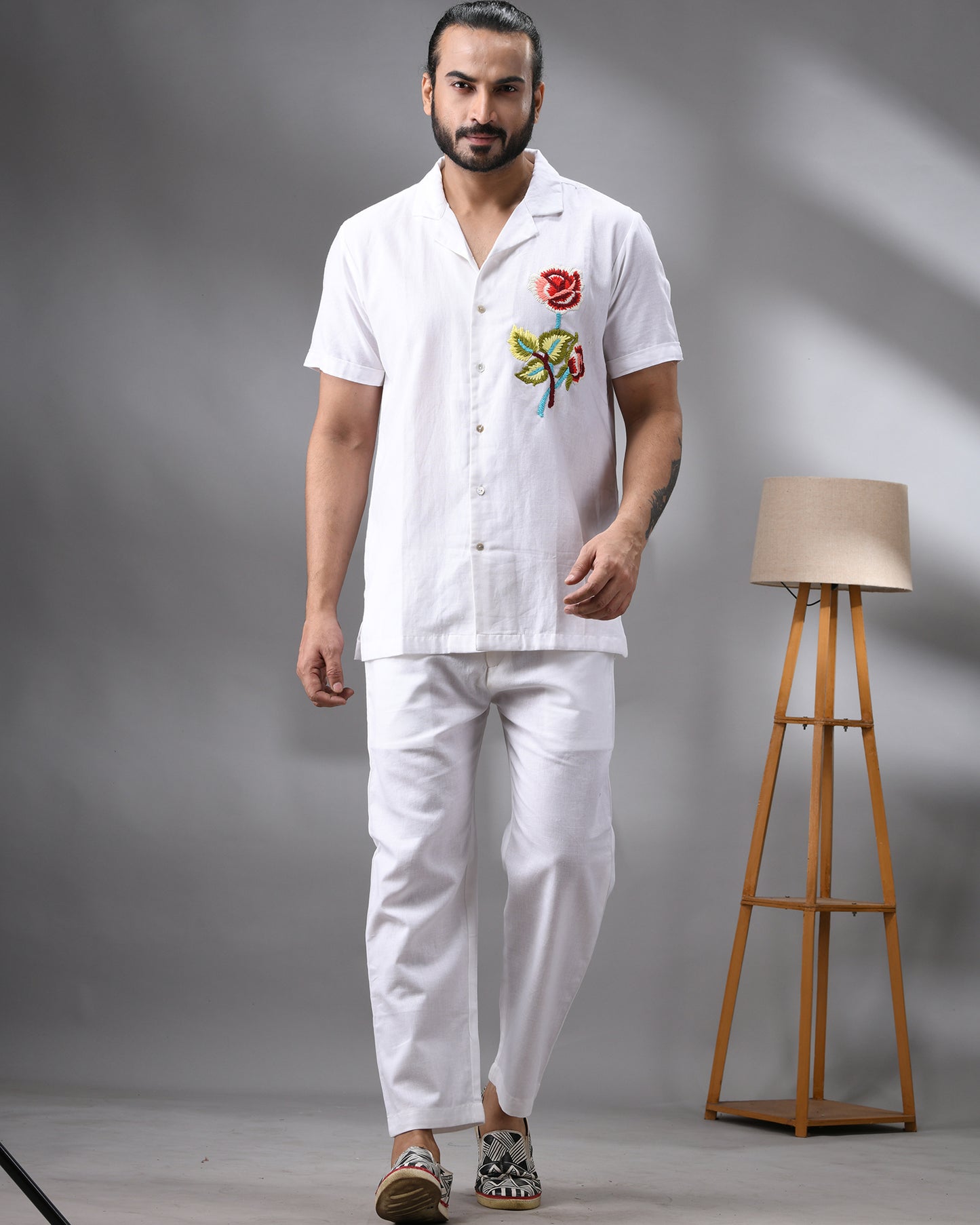 Atrangi - Thread Embroidery Half Sleeve Cuban Collar Shirt 100% Cotton for Men (Unisex)