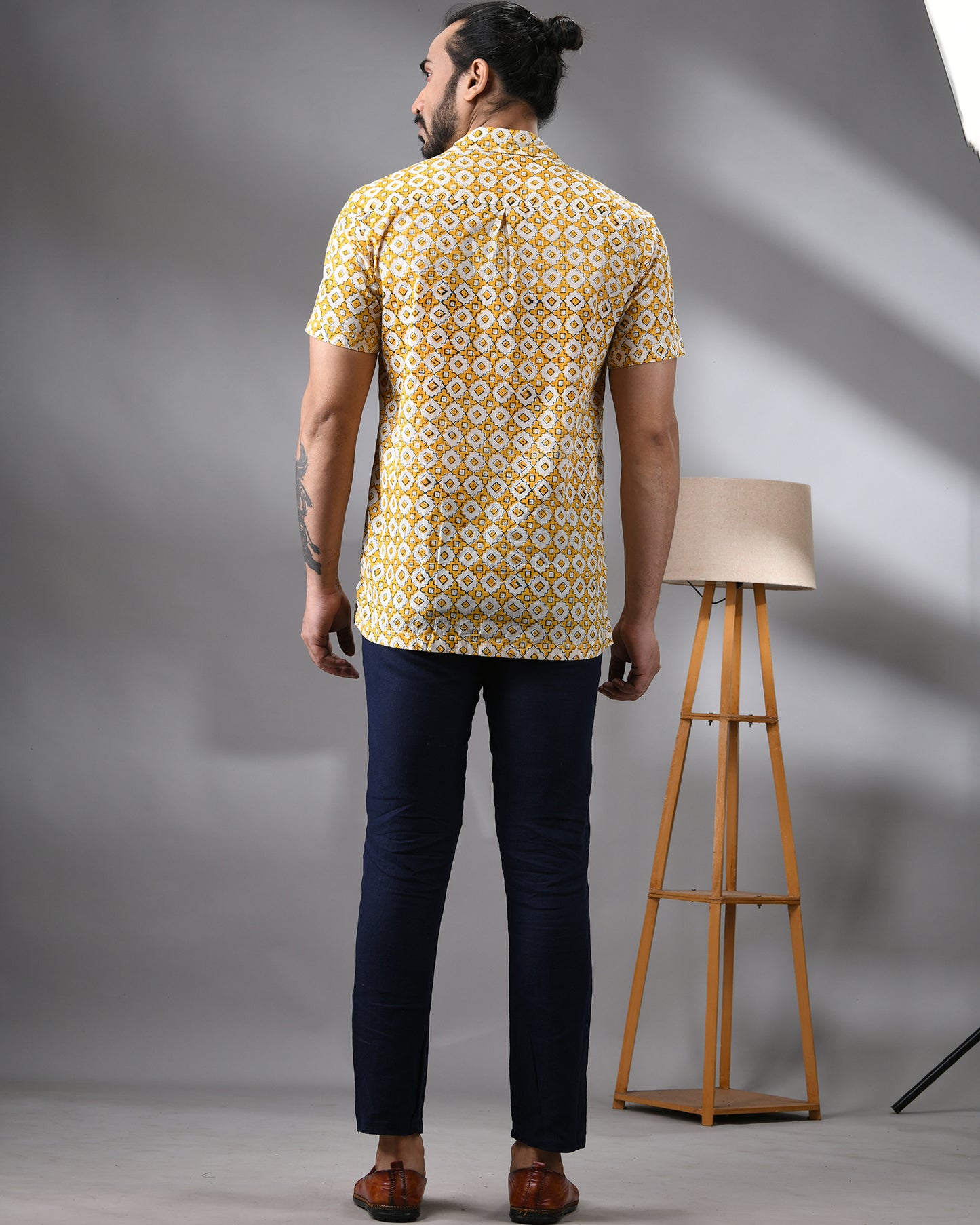 Moroccan Mosaic - Hand Block Print Half Sleeve Regular Collar Shirt 100% Cotton for Men (Unisex)