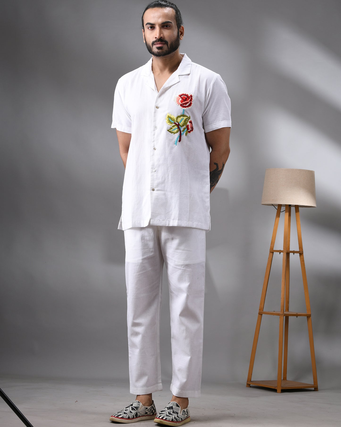 Atrangi - Thread Embroidery Half Sleeve Cuban Collar Shirt 100% Cotton for Men (Unisex)