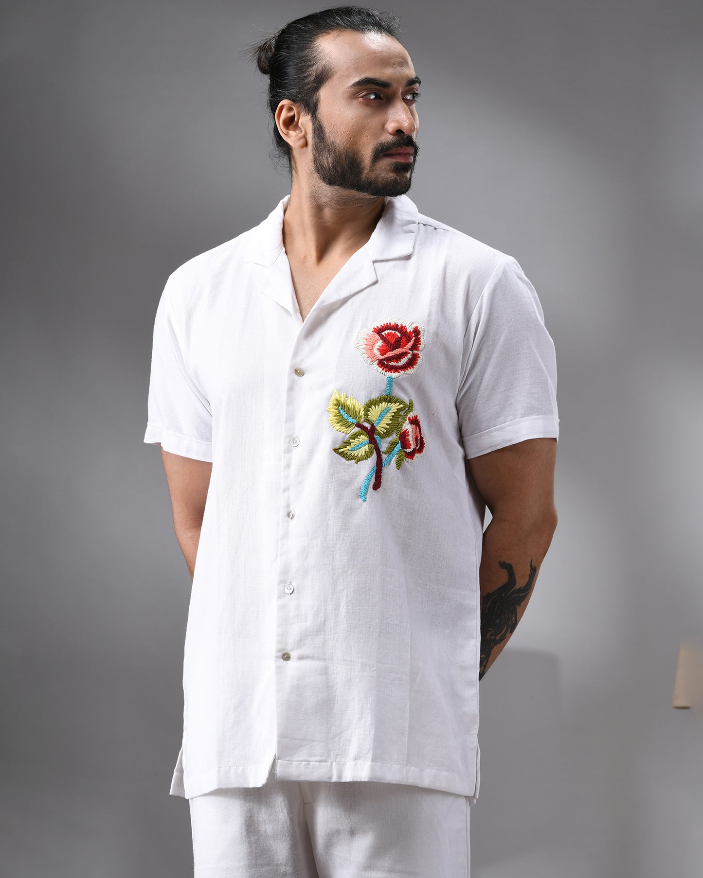 Atrangi - Thread Embroidery Half Sleeve Cuban Collar Shirt 100% Cotton for Men (Unisex)