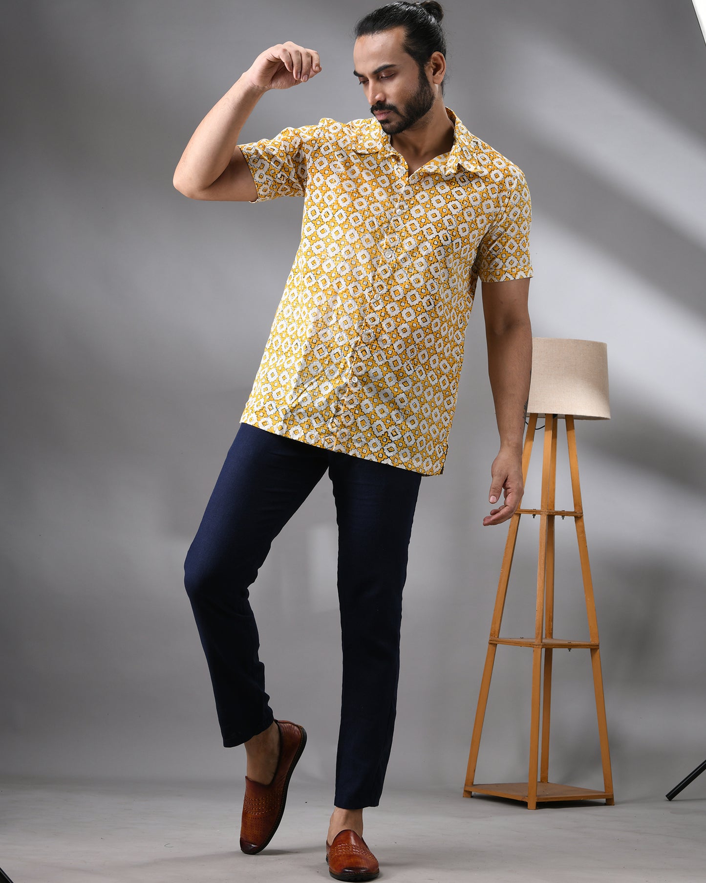 Moroccan Mosaic - Hand Block Print Half Sleeve Regular Collar Shirt 100% Cotton for Men (Unisex)