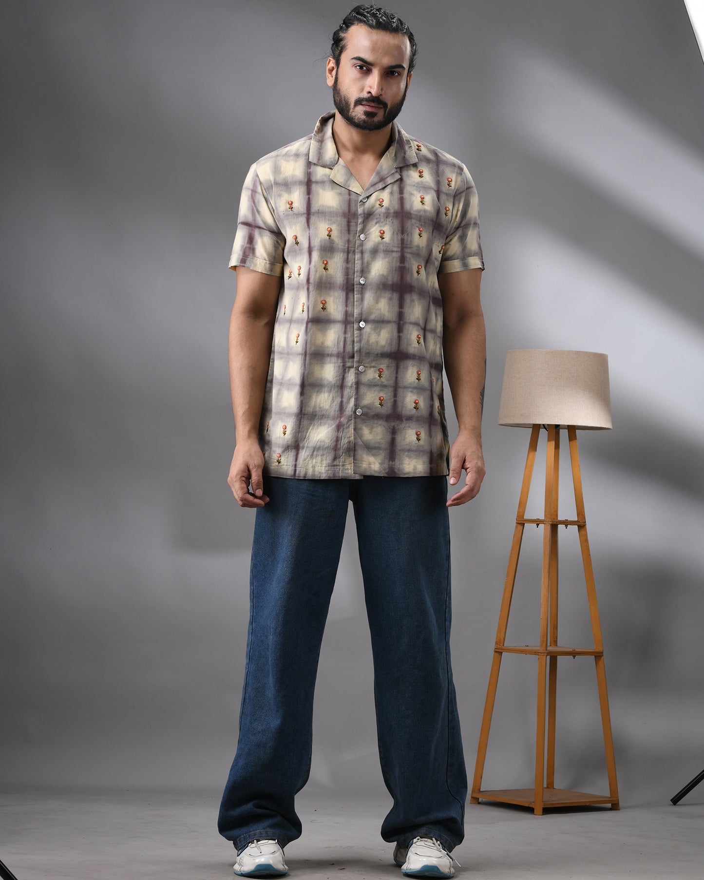Natural Dye Grid - With Parsee Hand Embroidery Half Sleeve Cuban Collar Shirt 100% Cotton for Men (Unisex)