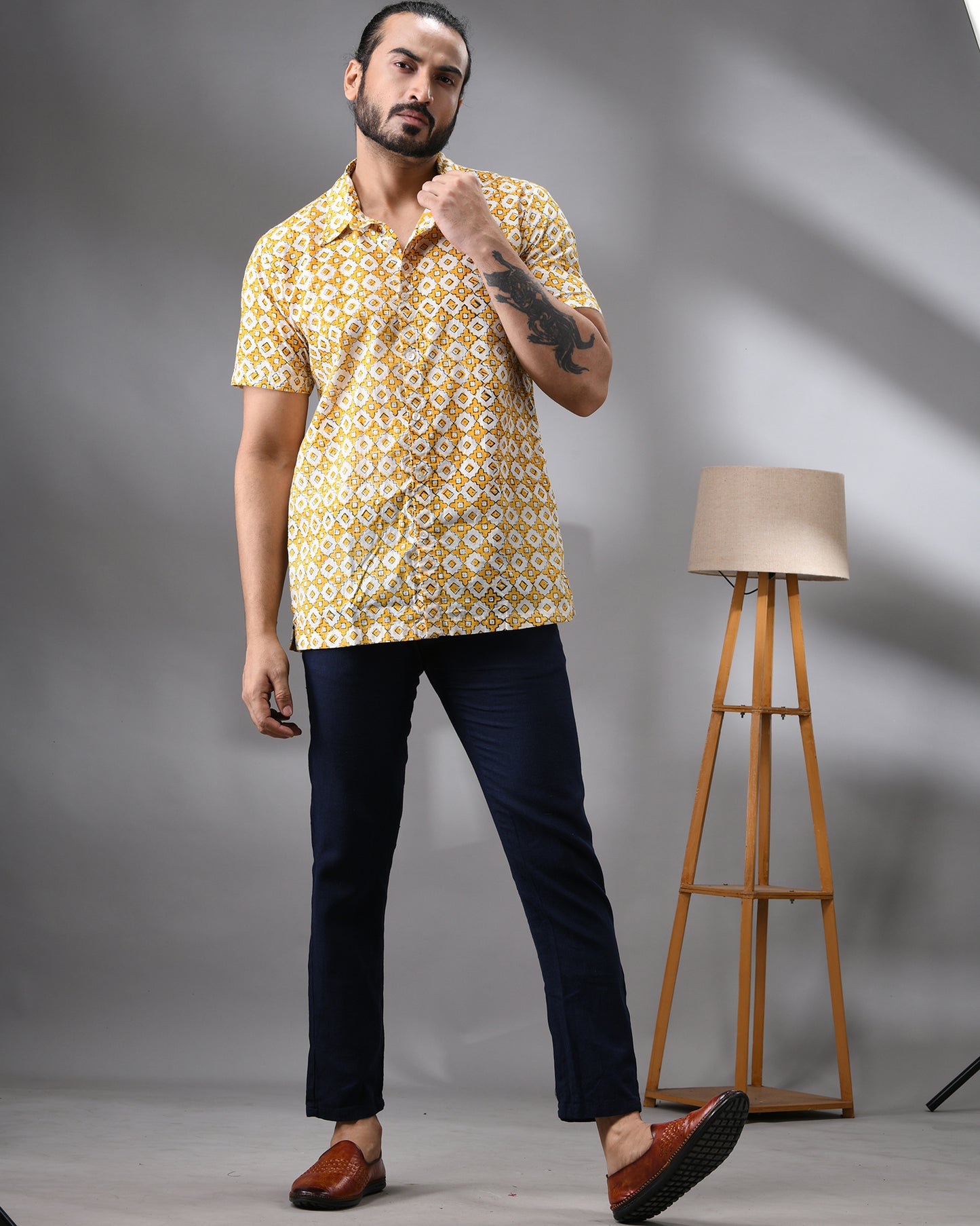 Moroccan Mosaic - Hand Block Print Half Sleeve Regular Collar Shirt 100% Cotton for Men (Unisex)