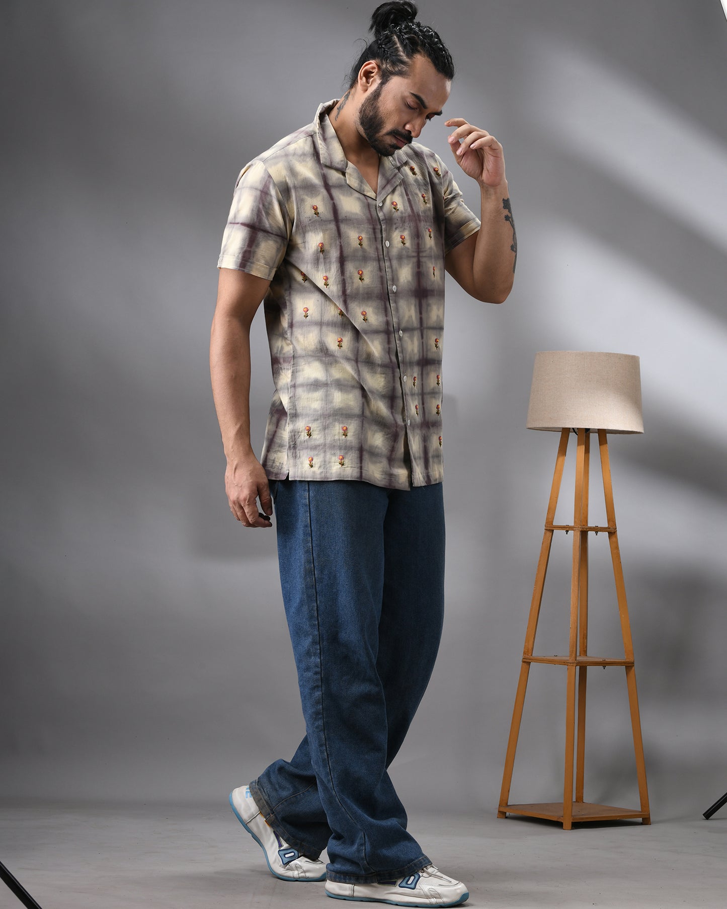 Natural Dye Grid - With Parsee Hand Embroidery Half Sleeve Cuban Collar Shirt 100% Cotton for Men (Unisex)