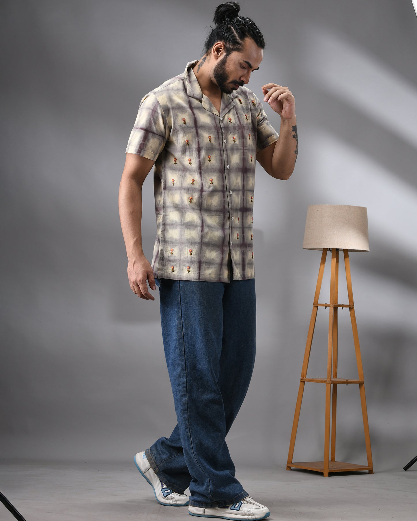 Natural Dye Grid - With Parsee Hand Embroidery Half Sleeve Cuban Collar Shirt 100% Cotton for Men (Unisex)