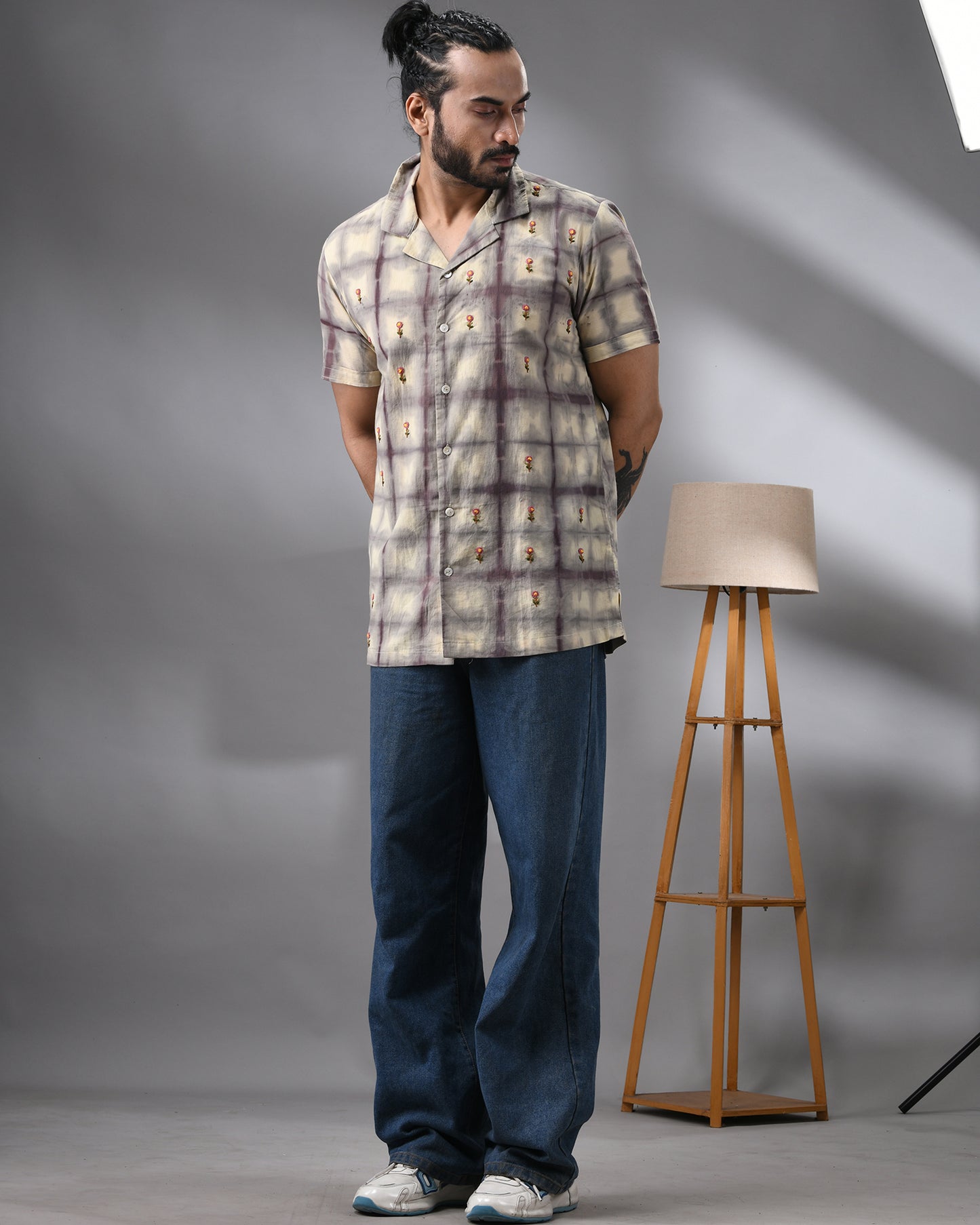 Natural Dye Grid - With Parsee Hand Embroidery Half Sleeve Cuban Collar Shirt 100% Cotton for Men (Unisex)