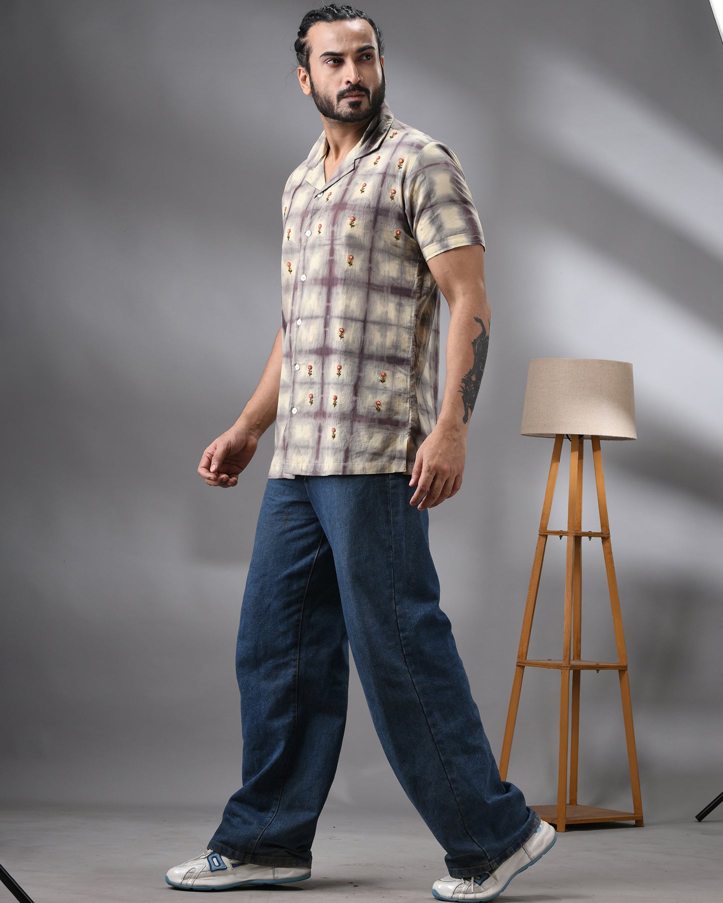 Natural Dye Grid - With Parsee Hand Embroidery Half Sleeve Cuban Collar Shirt 100% Cotton for Men (Unisex)