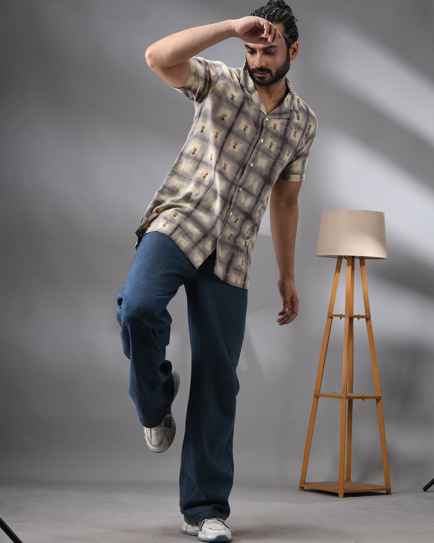 Natural Dye Grid - With Parsee Hand Embroidery Half Sleeve Cuban Collar Shirt 100% Cotton for Men (Unisex)