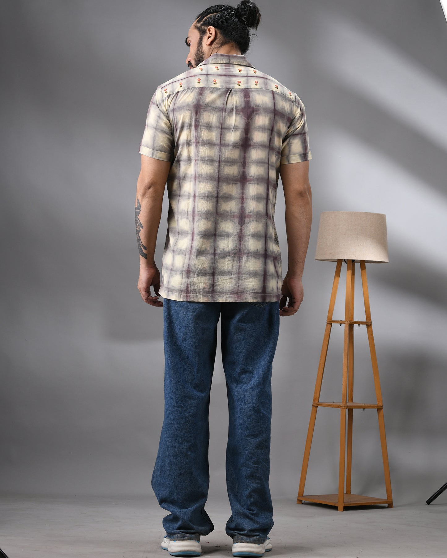 Natural Dye Grid - With Parsee Hand Embroidery Half Sleeve Cuban Collar Shirt 100% Cotton for Men (Unisex)