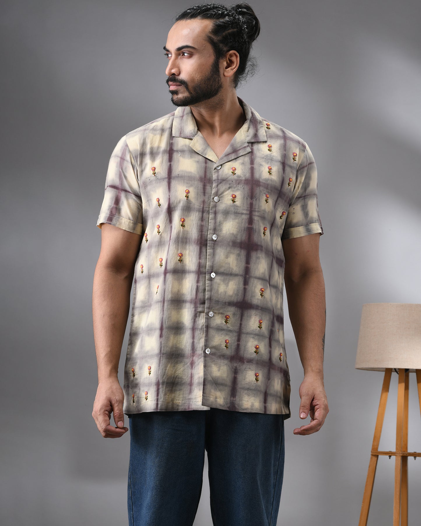 Natural Dye Grid - With Parsee Hand Embroidery Half Sleeve Cuban Collar Shirt 100% Cotton for Men (Unisex)