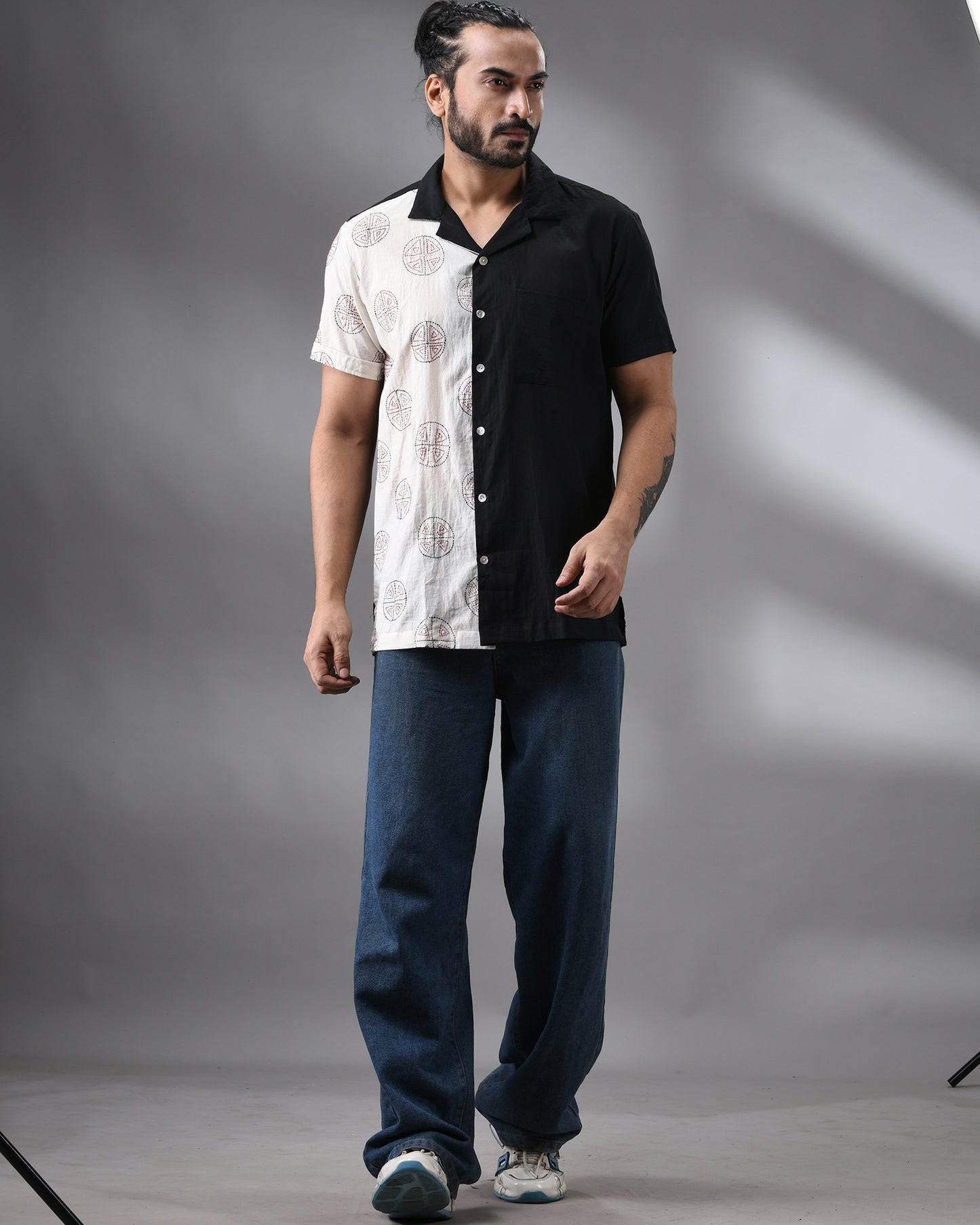 Pizza - Kantha Hand Embroidery Half Sleeve Cuban Collar Shirt 100% Cotton for Men (Unisex)