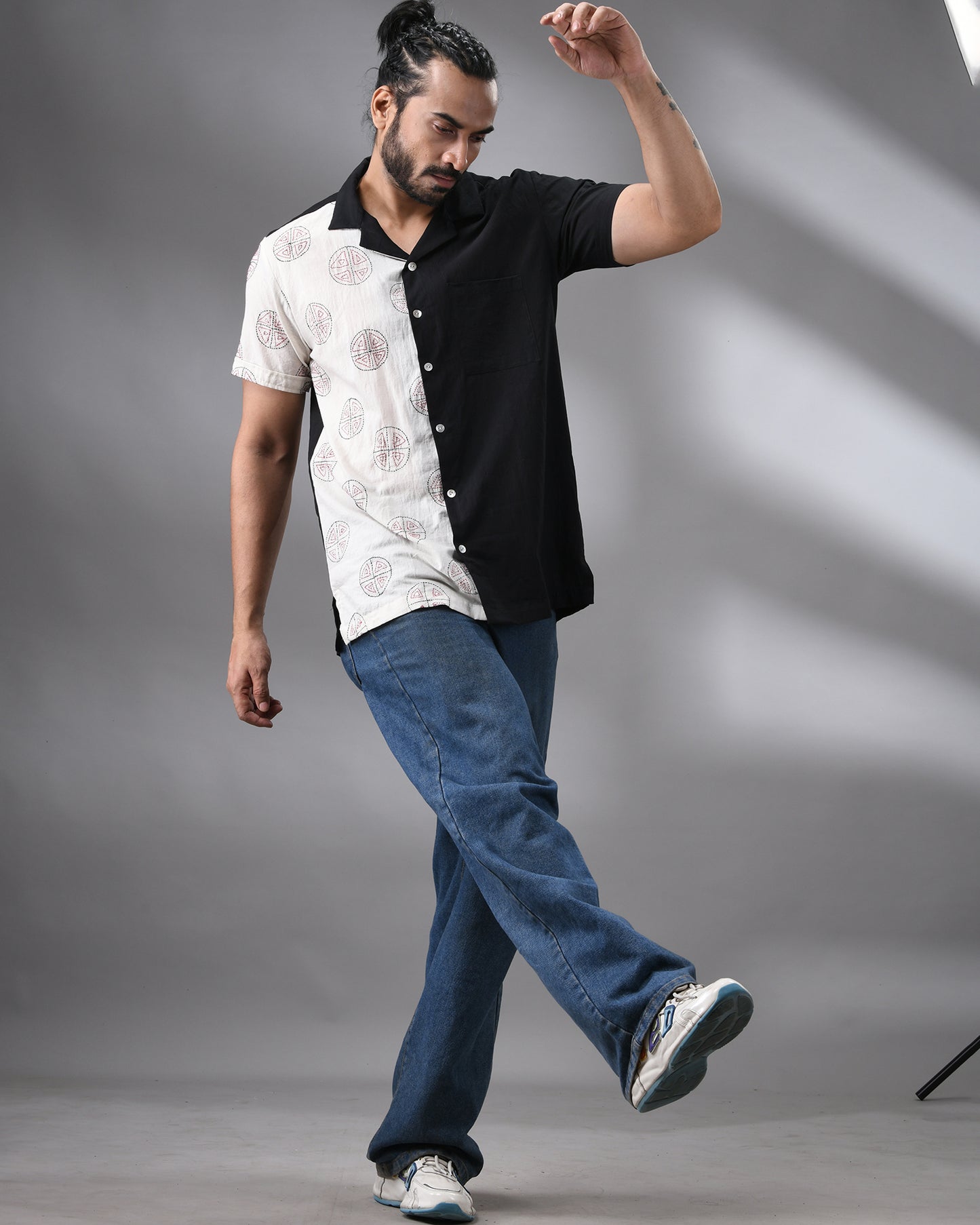 Pizza - Kantha Hand Embroidery Half Sleeve Cuban Collar Shirt 100% Cotton for Men (Unisex)