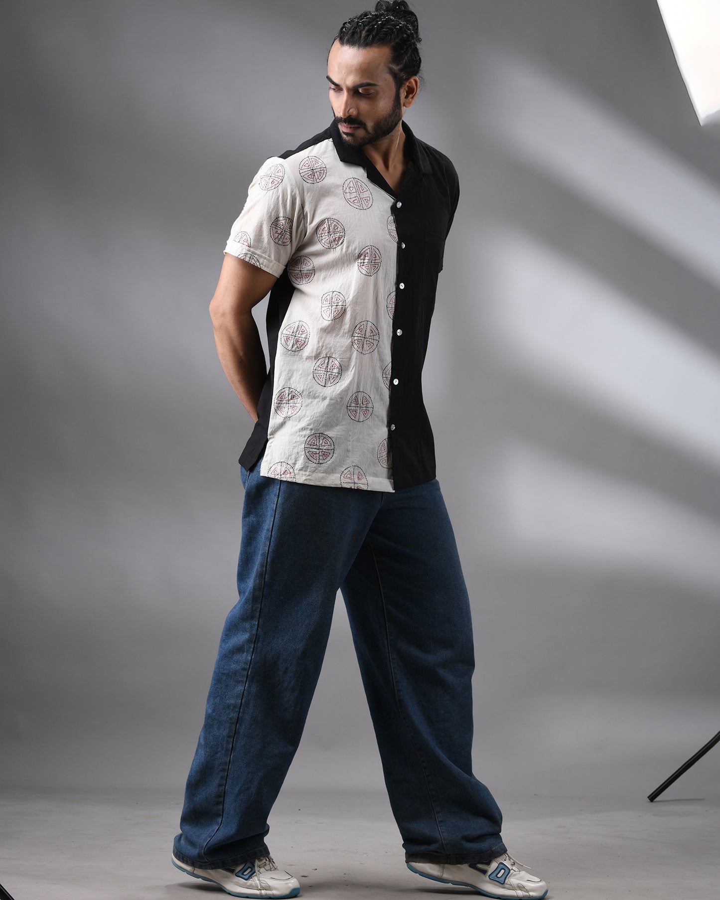 Pizza - Kantha Hand Embroidery Half Sleeve Cuban Collar Shirt 100% Cotton for Men (Unisex)