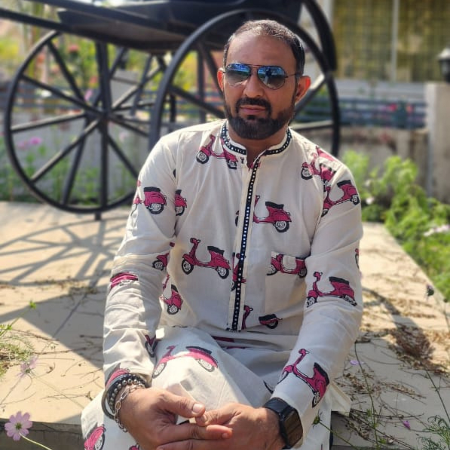 Safarnama - Hand Block printed Full Sleeve Mandarin Collar Kurta With Hand Embroidery Mirror Details on Collar and front lapel 100% Cotton for Men