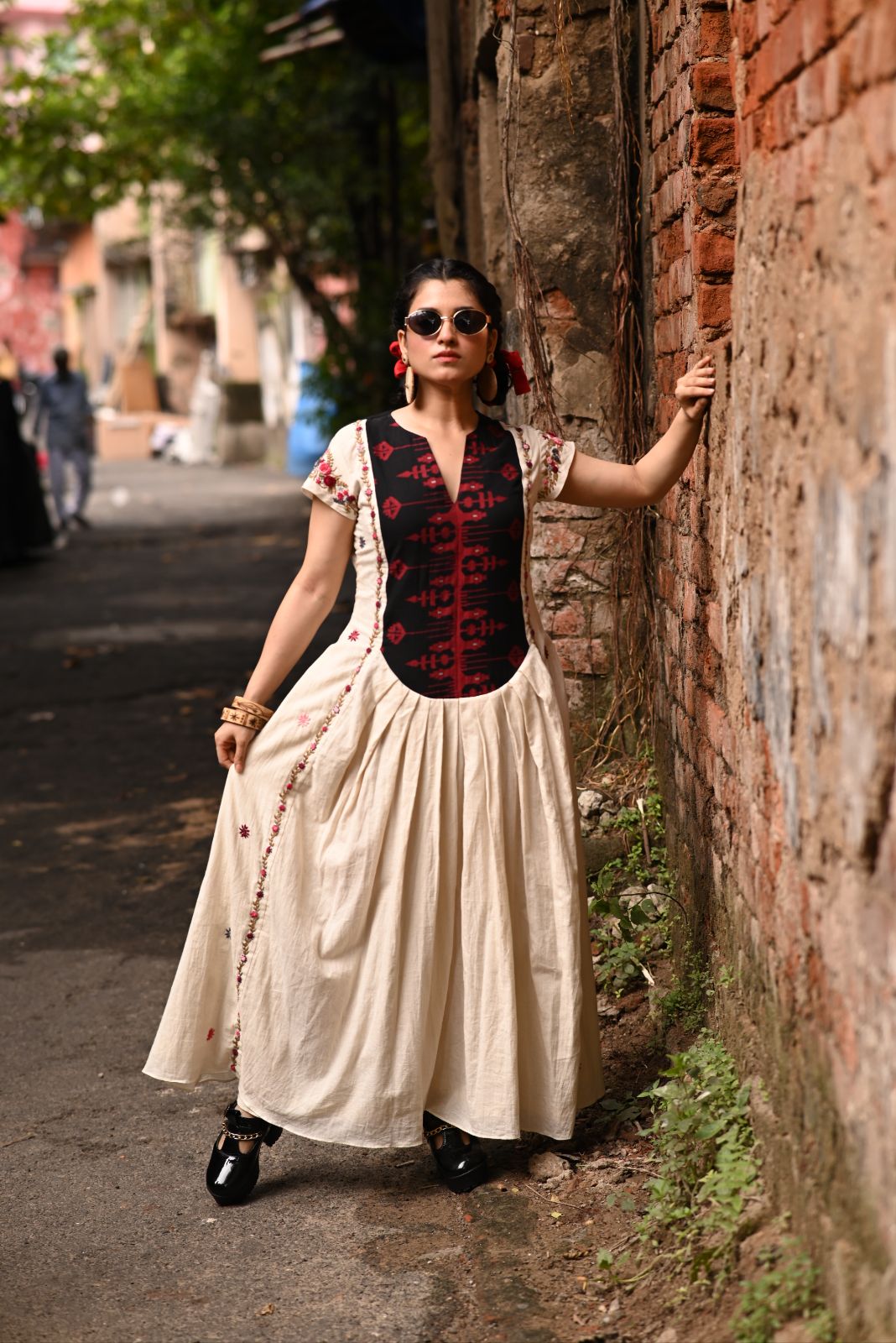 Handwoven Jamdani long yoke with Hand Parsi Embroidery on Organic Kora Pure Cotton Fabric