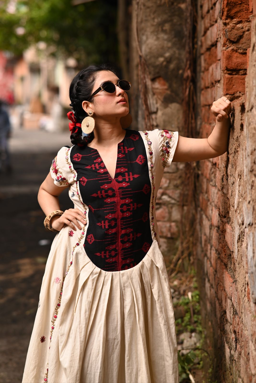 Handwoven Jamdani long yoke with Hand Parsi Embroidery on Organic Kora Pure Cotton Fabric