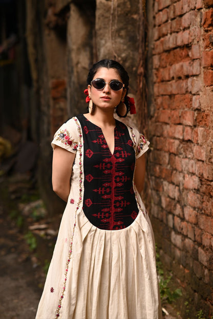 Handwoven Jamdani long yoke with Hand Parsi Embroidery on Organic Kora Pure Cotton Fabric