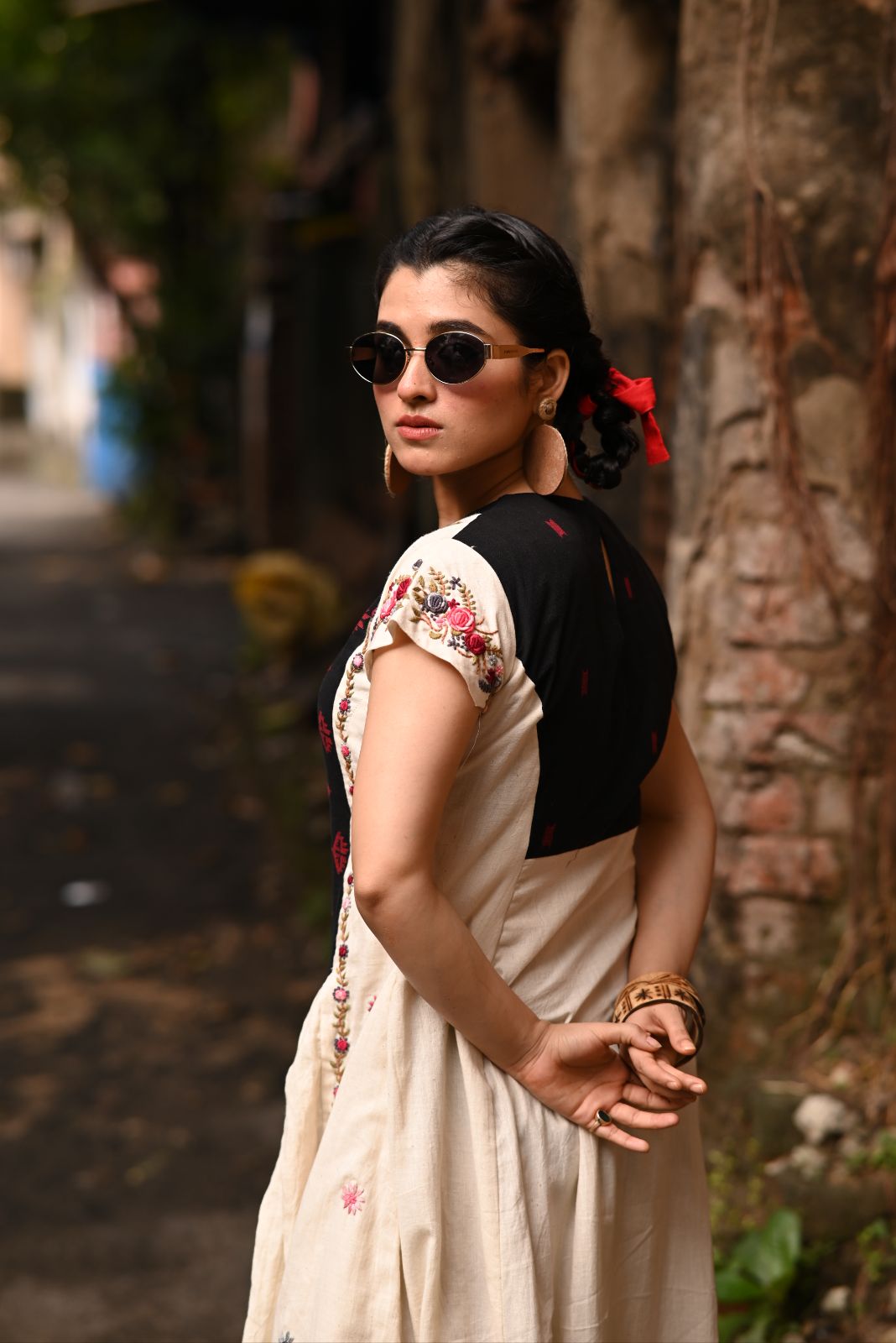 Handwoven Jamdani long yoke with Hand Parsi Embroidery on Organic Kora Pure Cotton Fabric