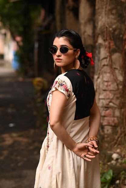 Handwoven Jamdani long yoke with Hand Parsi Embroidery on Organic Kora Pure Cotton Fabric