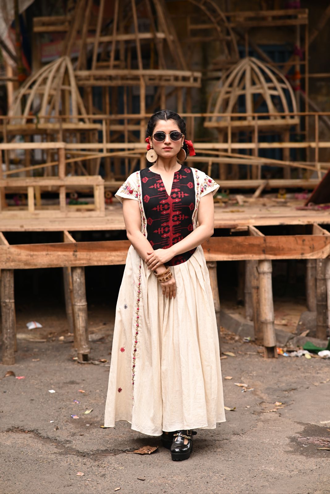 Handwoven Jamdani long yoke with Hand Parsi Embroidery on Organic Kora Pure Cotton Fabric