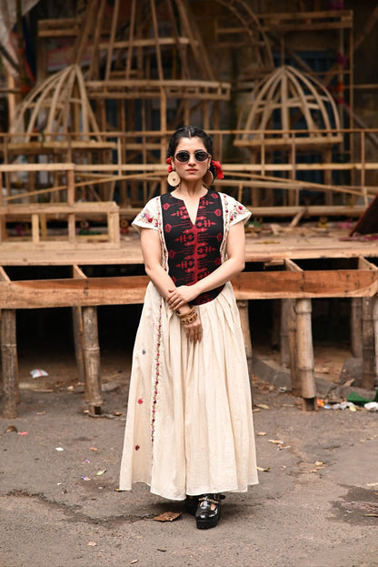 Handwoven Jamdani long yoke with Hand Parsi Embroidery on Organic Kora Pure Cotton Fabric