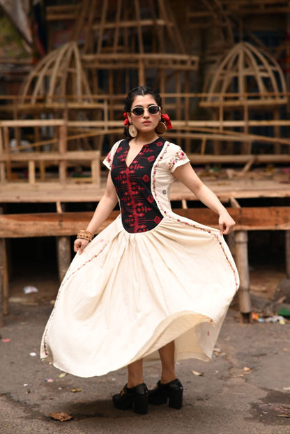 Handwoven Jamdani long yoke with Hand Parsi Embroidery on Organic Kora Pure Cotton Fabric