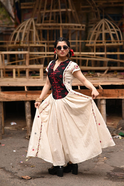 Handwoven Jamdani long yoke with Hand Parsi Embroidery on Organic Kora Pure Cotton Fabric