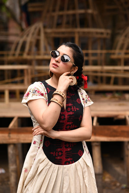 Handwoven Jamdani long yoke with Hand Parsi Embroidery on Organic Kora Pure Cotton Fabric