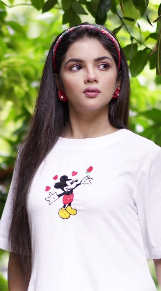 Mickie mouse Dress Hand Embroidered on khadi Pure cotton fabric