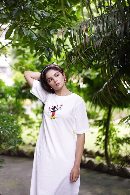 Mickie mouse Dress Hand Embroidered on khadi Pure cotton fabric