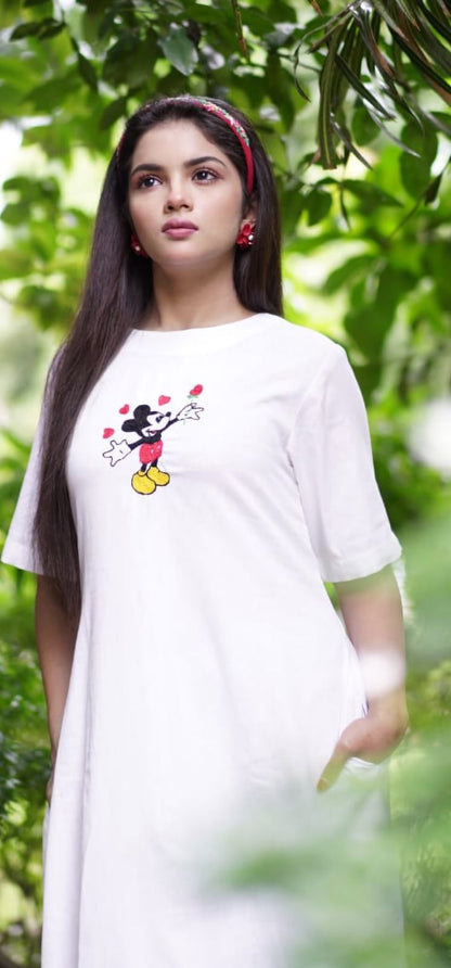 Mickie mouse Dress Hand Embroidered on khadi Pure cotton fabric