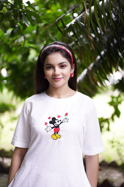 Mickie mouse Dress Hand Embroidered on khadi Pure cotton fabric
