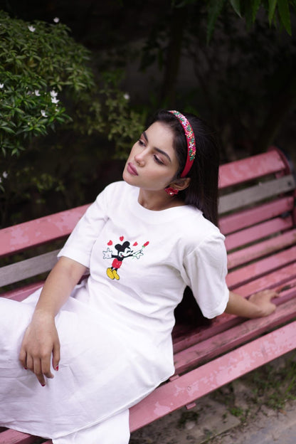 Mickie mouse Dress Hand Embroidered on khadi Pure cotton fabric