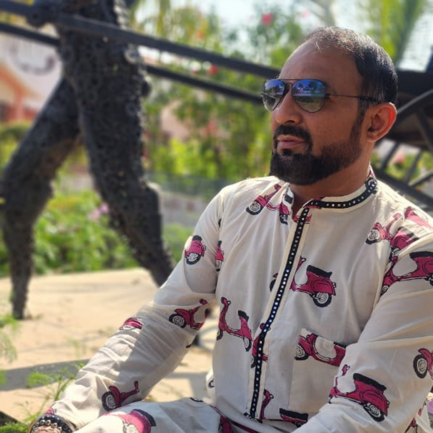 Safarnama - Hand Block printed Full Sleeve Mandarin Collar Kurta With Hand Embroidery Mirror Details on Collar and front lapel 100% Cotton for Men