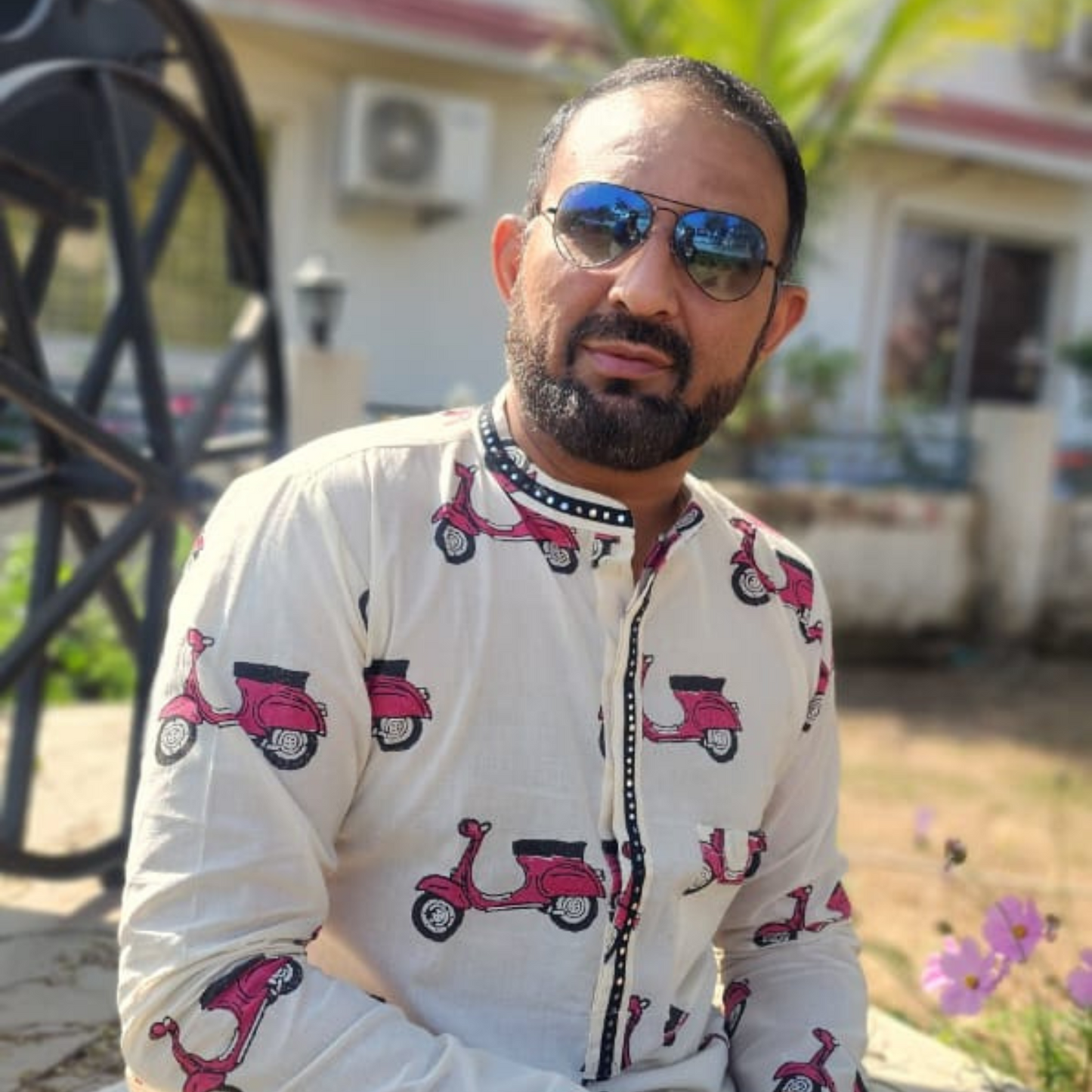 Safarnama - Hand Block printed Full Sleeve Mandarin Collar Kurta With Hand Embroidery Mirror Details on Collar and front lapel 100% Cotton for Men