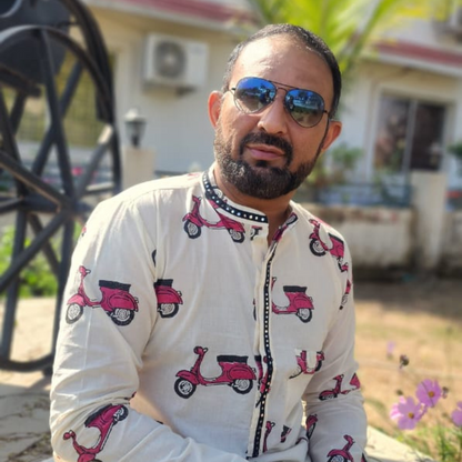 Safarnama - Hand Block printed Full Sleeve Mandarin Collar Kurta With Hand Embroidery Mirror Details on Collar and front lapel 100% Cotton for Men