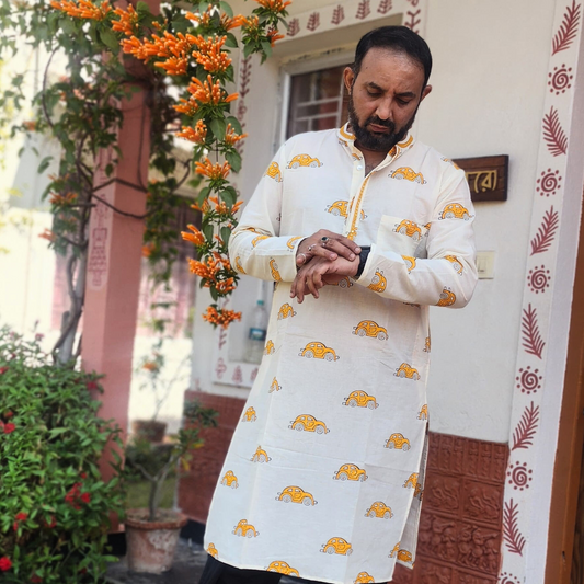 Pili Taxi - Hand Block printed Full Sleeve Mandarin Collar Kurta With Hand Embroidery Mirror Details on Collar and front lapel 100% Cotton for Men
