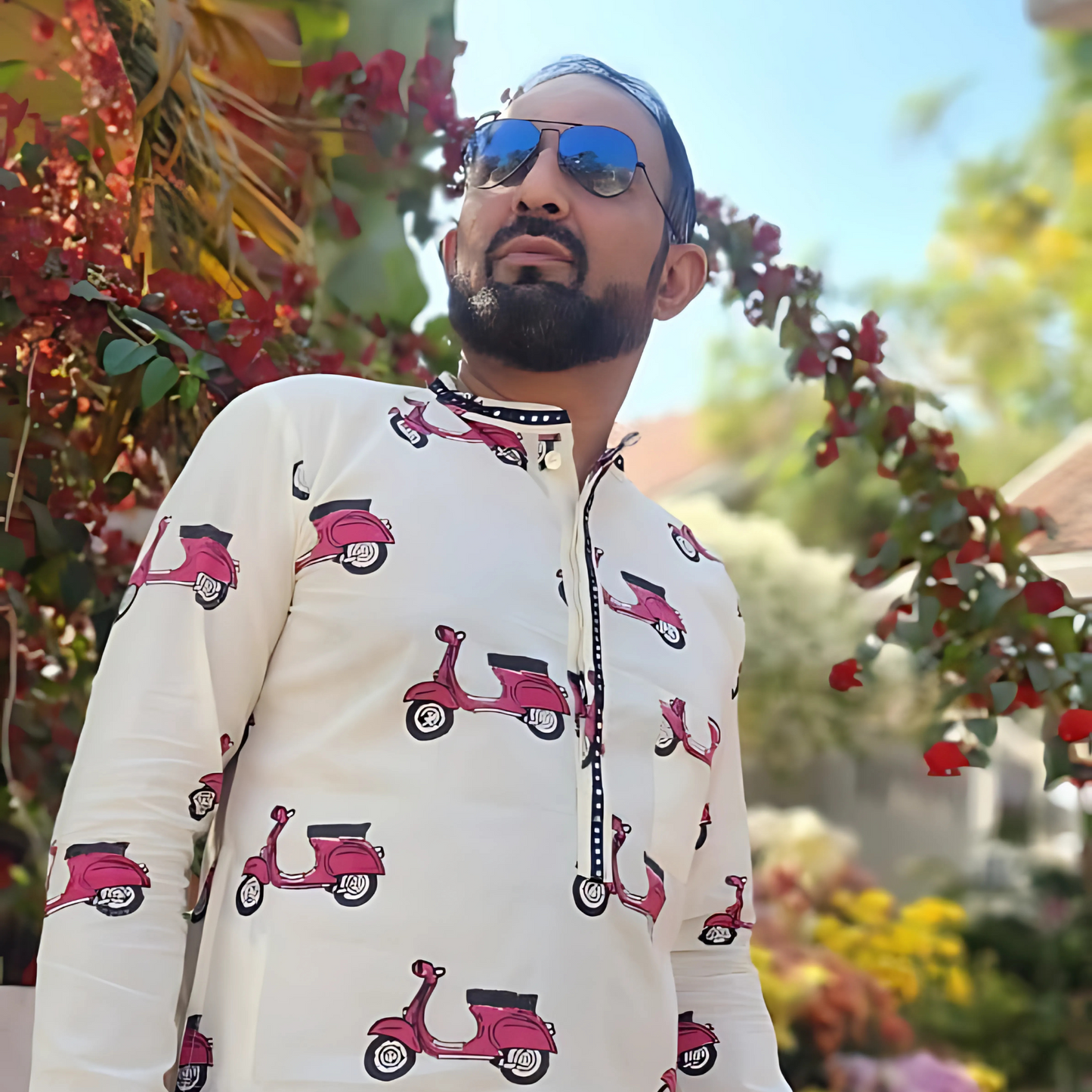 Safarnama - Hand Block printed Full Sleeve Mandarin Collar Kurta With Hand Embroidery Mirror Details on Collar and front lapel 100% Cotton for Men