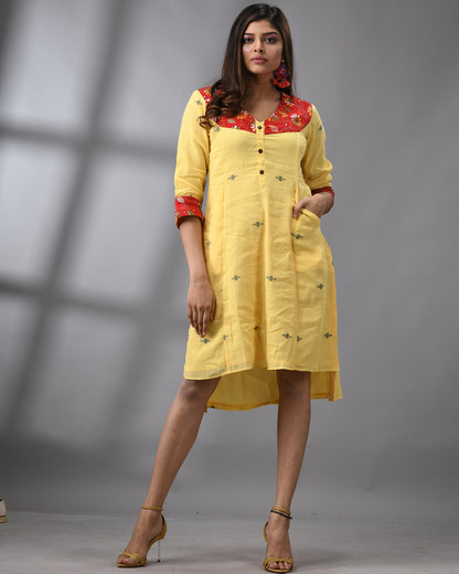 Handloom Jamdani Yellow Kantha Hand Embroidery Three-Quarter Sleeve Roundish "V" Neck Dress 100% Cotton for Women