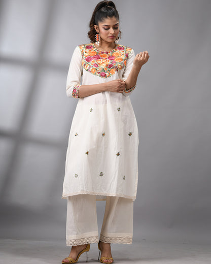 Gulbaro - Parsee Hand Embroidery Three-Quarter Sleeve Round Neck Co-Ord Set 100% Cotton for Women