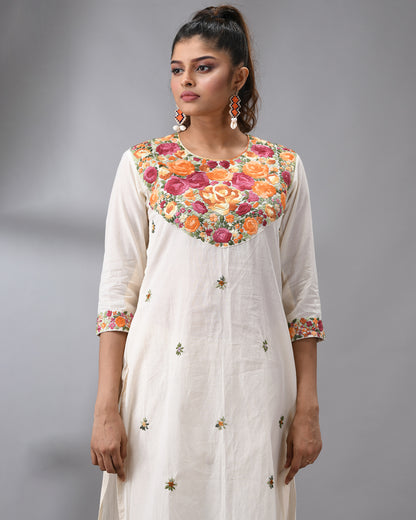 Gulbaro - Parsee Hand Embroidery Three-Quarter Sleeve Round Neck Co-Ord Set 100% Cotton for Women