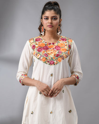 Gulbaro - Parsee Hand Embroidery Three-Quarter Sleeve Round Neck Co-Ord Set 100% Cotton for Women