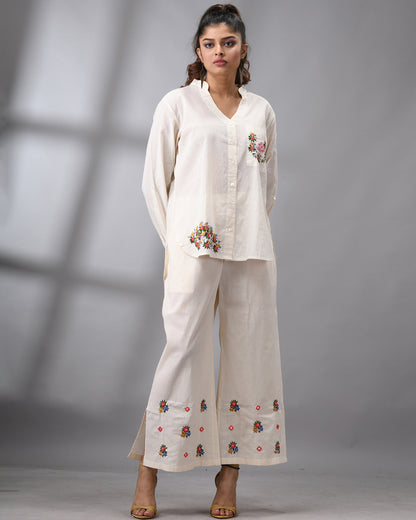 Afreen Parsee - Pink Hand Embroidery Full Sleeve Mandarine Collar Co-Ord Set Regular fit 100% Cotton for Women