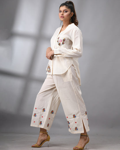 Afreen Parsee - Pink Hand Embroidery Full Sleeve Mandarine Collar Co-Ord Set Regular fit 100% Cotton for Women