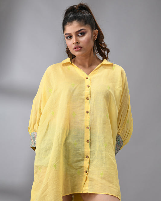 Handloom Jamdani Yellow Kaftan Regular Shirt Collar Hand Embroidery on Cuff Free size Loose Fit 100% Cotton for Women