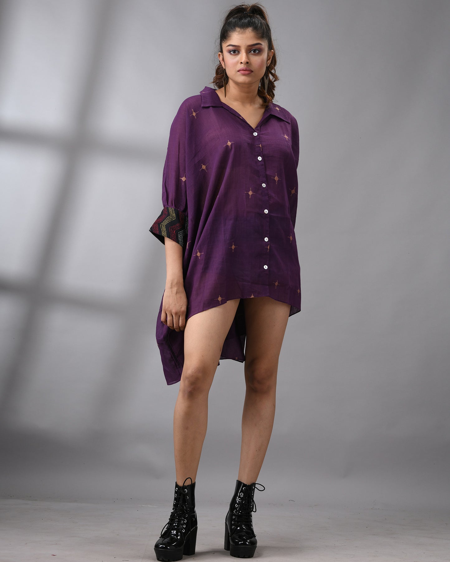 Handloom Jamdani Purple Kaftan Regular Shirt Collar Hand Embroidery on Cuff Free size Loose Fit 100% Cotton for Women