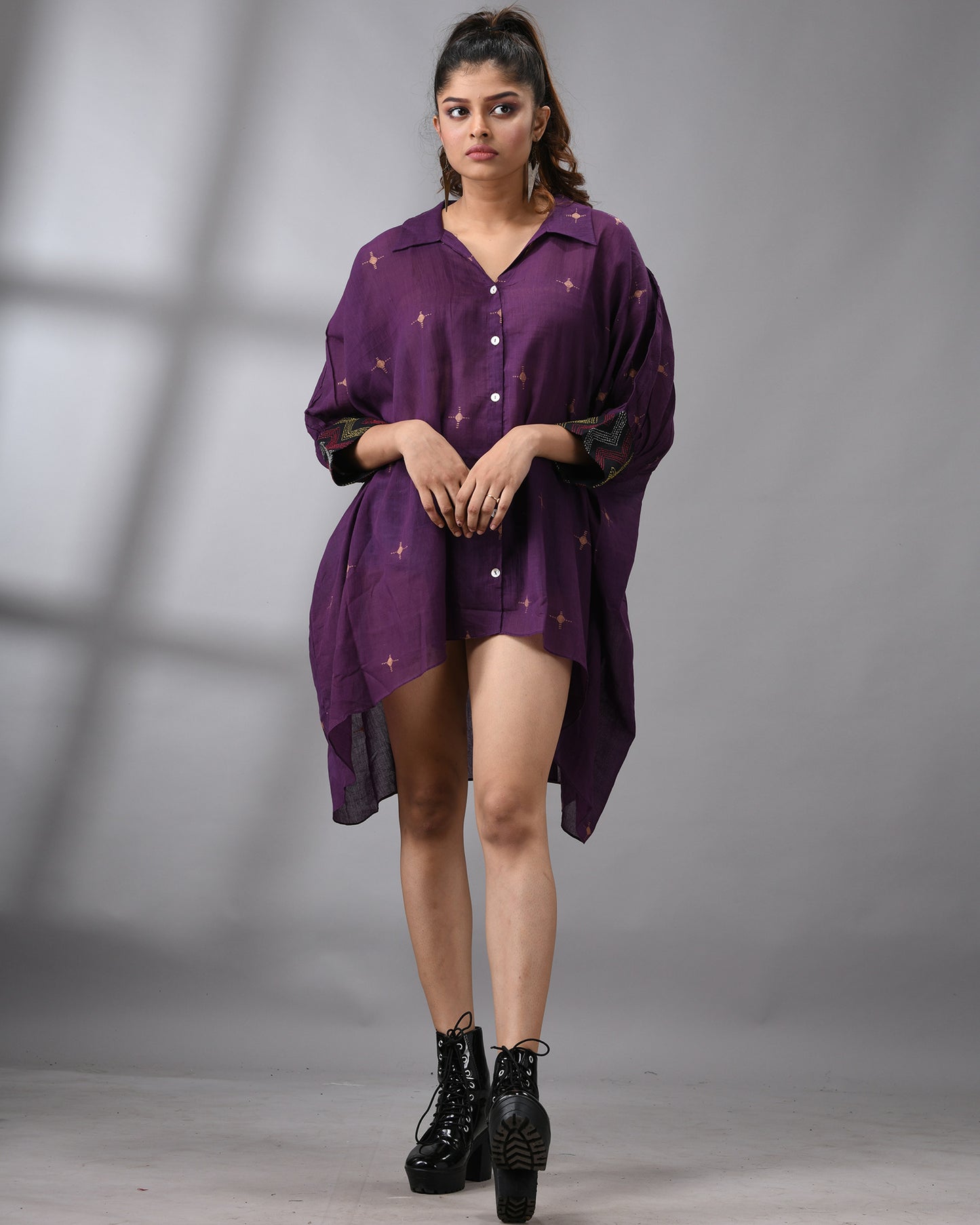 Handloom Jamdani Purple Kaftan Regular Shirt Collar Hand Embroidery on Cuff Free size Loose Fit 100% Cotton for Women